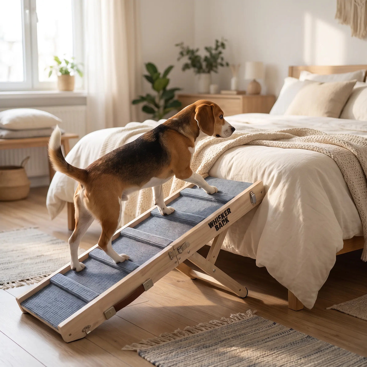 Beagle climbing the Whisker Bark dog ramp up to a bed in a bright bedroom.