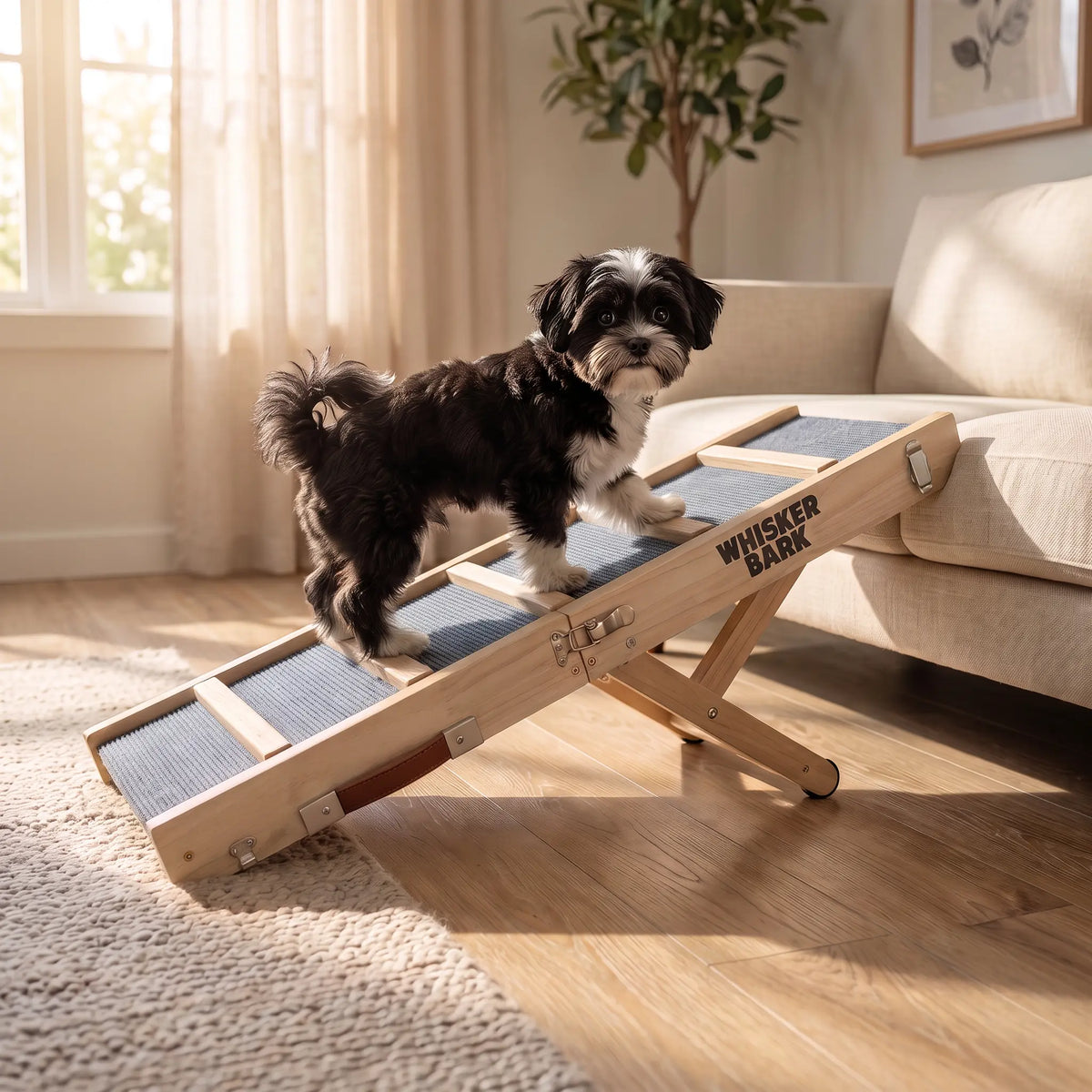 Small black and white dog standing on the Whisker Bark dog ramp beside a couch in a sunlit living room.