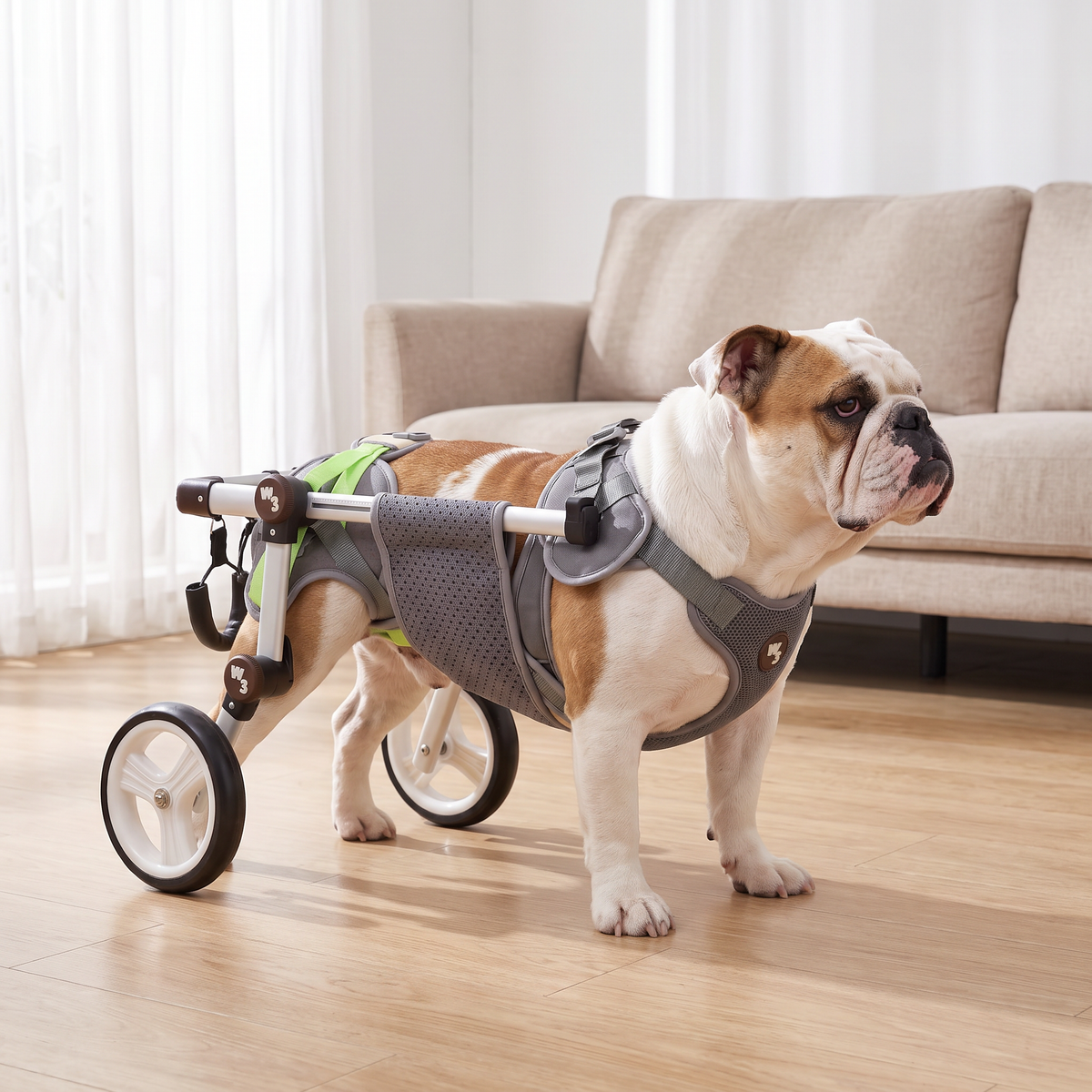 An English Bulldog wearing a gray and black wheeled dog wheelchair harness, standing on a light wood floor in a bright living room with a beige sofa in the background.