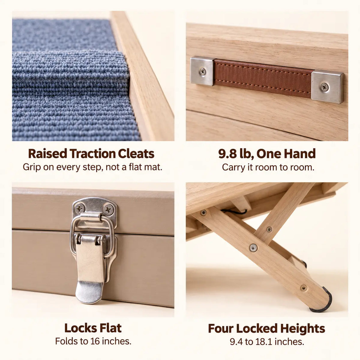 Four close-up panels of the Whisker Bark folding dog ramp showing raised traction cleats, leather carry handle, steel locking latch and folding support leg.