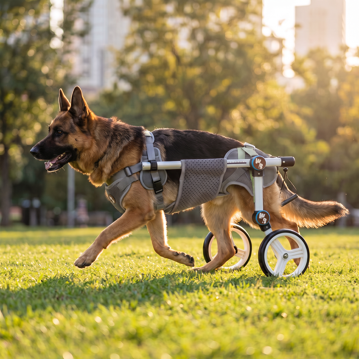 A German Shepherd dog running on a grassy park lawn wearing a gray and silver wheeled dog wheelchair harness.