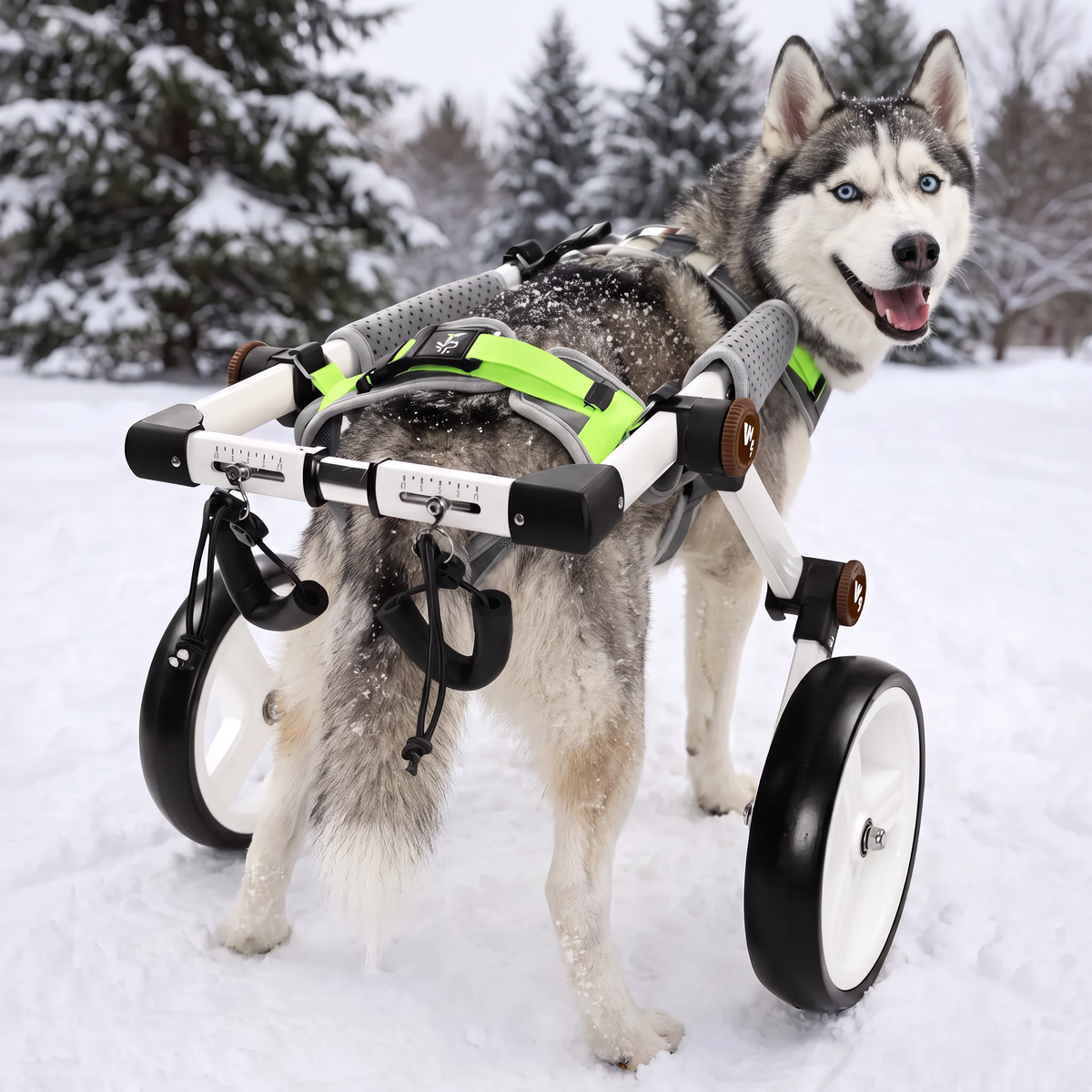 A husky dog standing in the snow while wearing a dog wheelchair with black wheels and a harness. The background shows a snowy outdoor setting with pine trees.