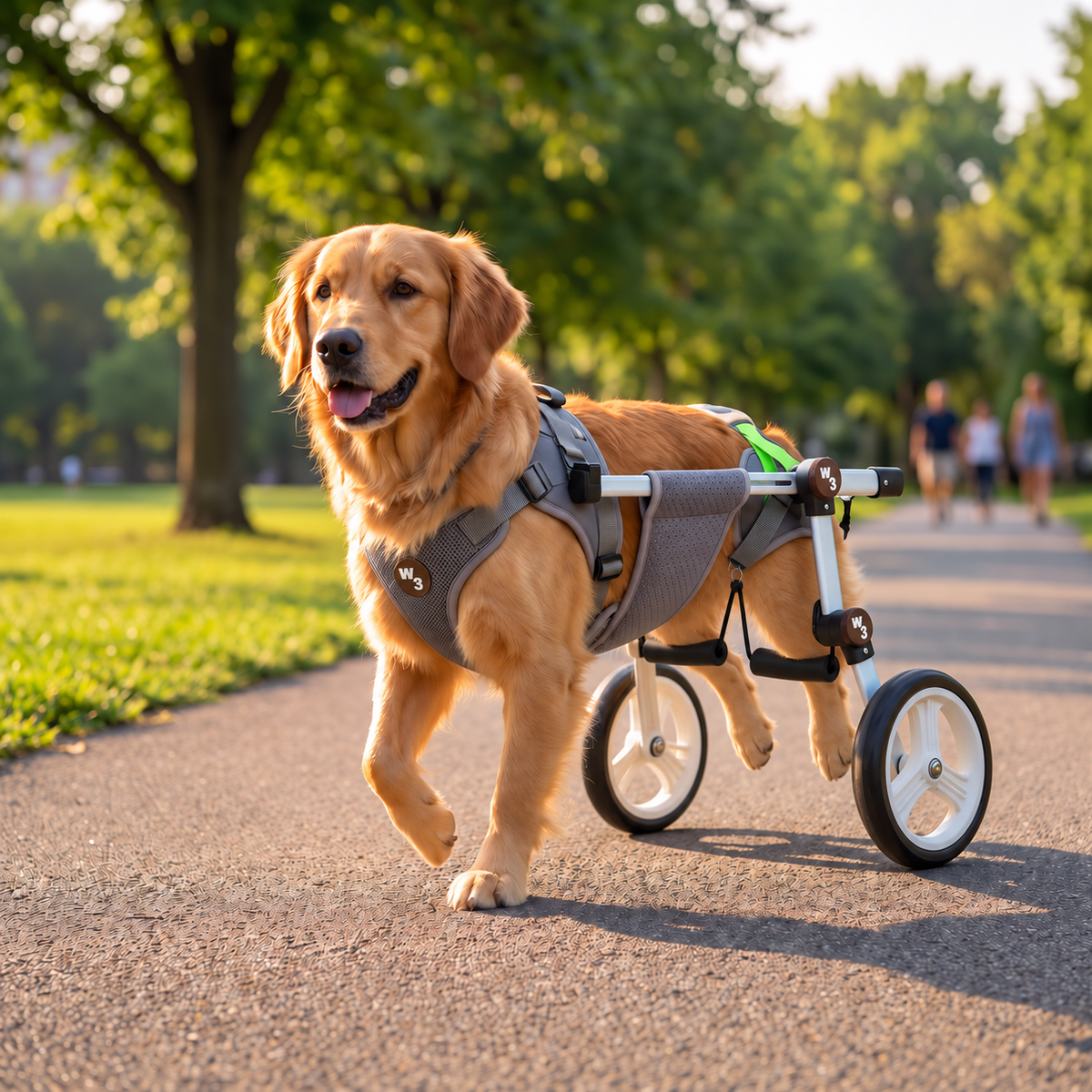A golden retriever dog walking on a paved path in a park, wearing a gray harness and a three-wheel mobility stroller with white wheels.