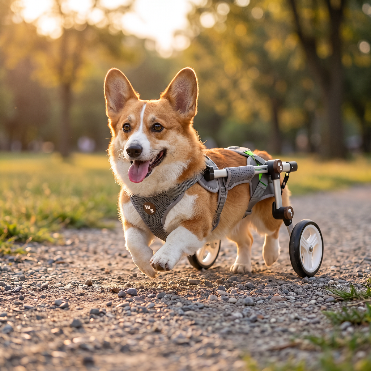 A corgi dog with a rear wheel wheelchair running on a gravel path in a sunny park.