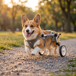 A corgi dog with a rear wheel wheelchair running on a gravel path in a sunny park.