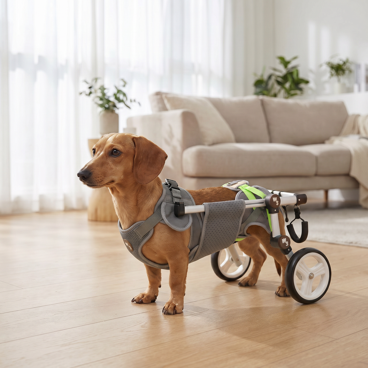 A dachshund wearing a gray and green pet wheelchair with wheels, standing on a light wood floor in a bright, modern living room with a beige sofa in the background.